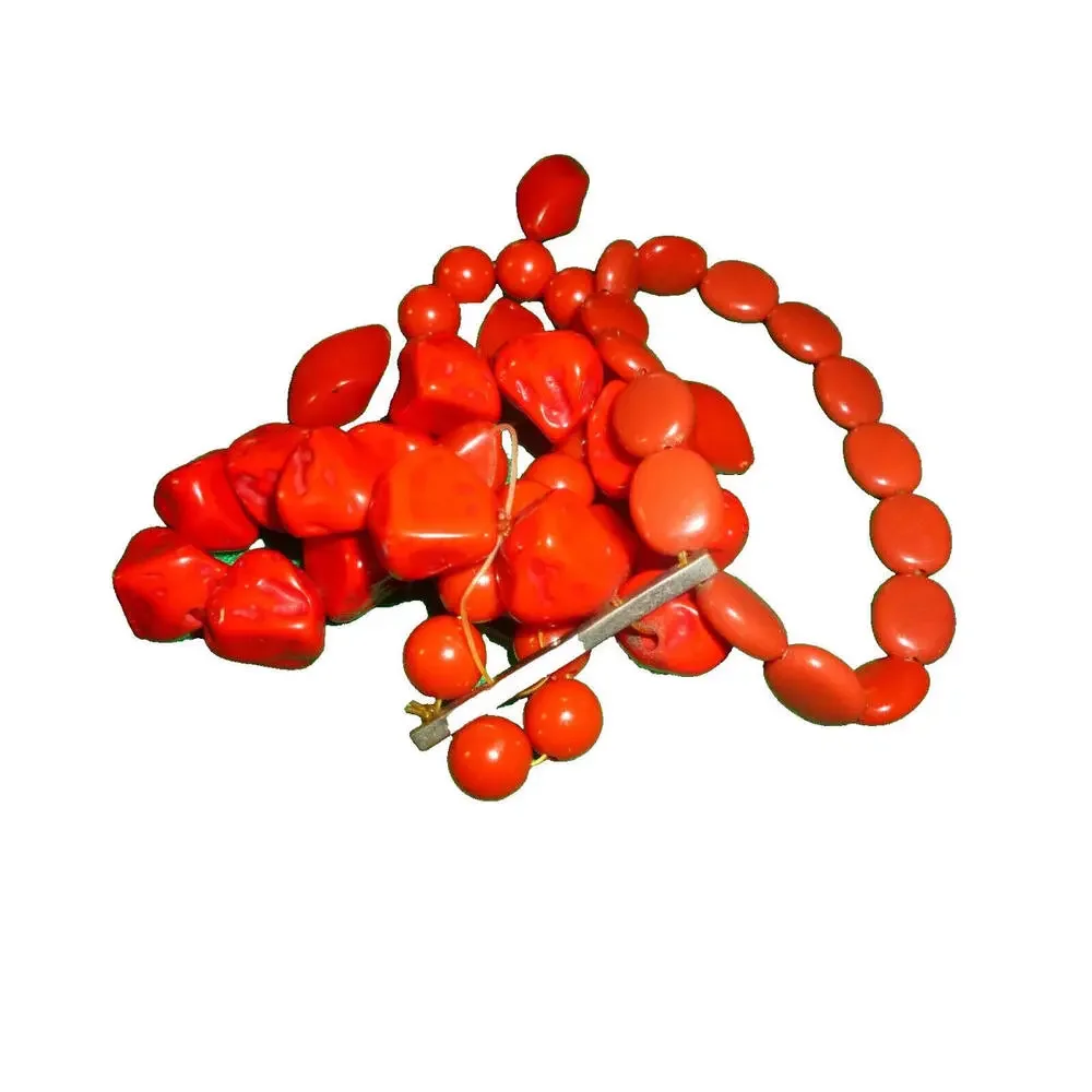 Vintage Loose Faux‎ Coral Bead Lot 3 Shapes Ball Chunk Twisted baguette